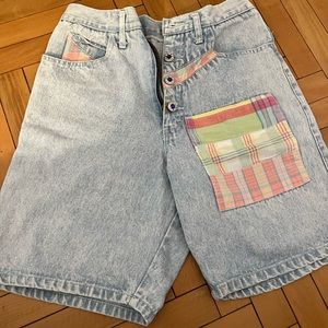 Patchwork shorts with jeweled buttons